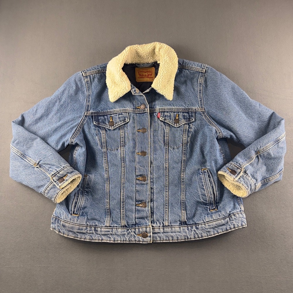 Levis Sherpa Trucker Jacket Blue Denim Faux Fur Collar 36256-0003 Plus Size 1X